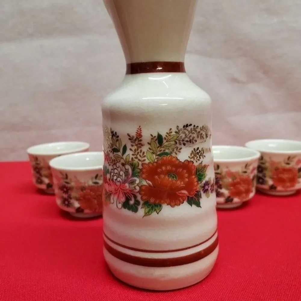 Vintage Japan Porcelain Sake Pitcher and Cup Set